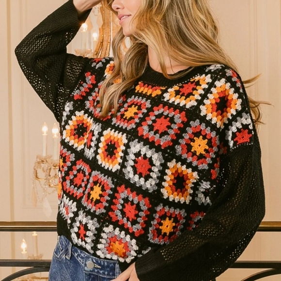 🏷️BiBi Crochet Patchwork Top Granny Square Open Knit Pullover Long Sleeve LG - Picture 2 of 12